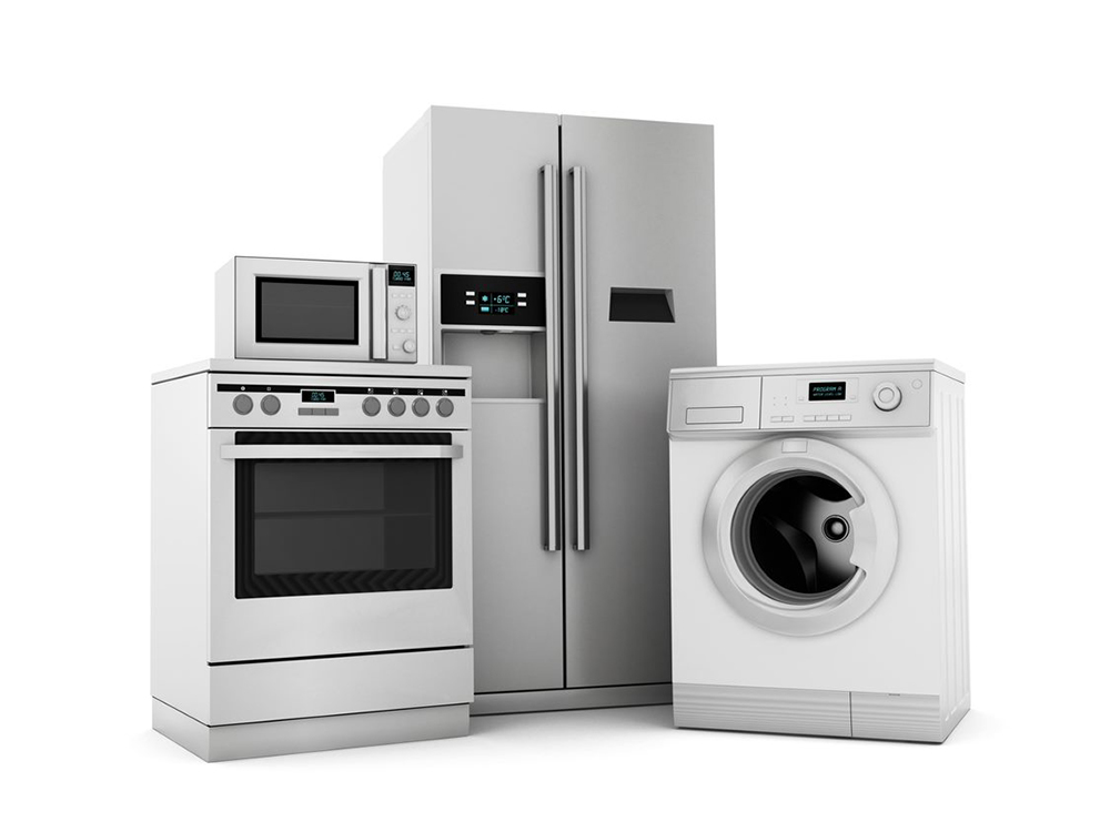 Large appliances - stove, fridge, washer, microwave stacked on top of each other