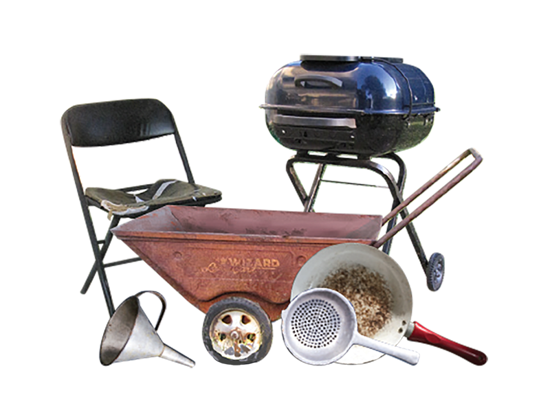 Items that can be scrapped, including pots, pans, chairs and old grills