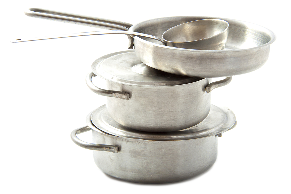 Pots and pans stacked on a white background