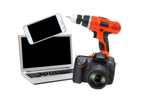A laptop, smart phone, camera and power drill