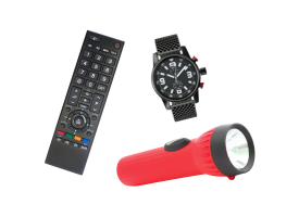 a tv remote, watch and flashlight