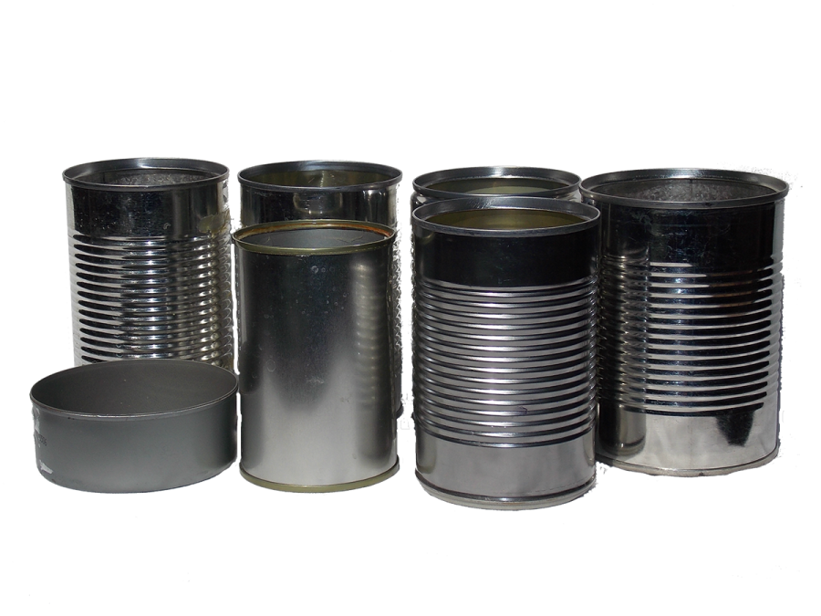 A collection of metal cans with labels removed